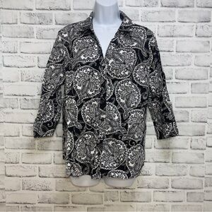 212 Collection Black White Paisley Button Up 3/4 Sleeve Blouse Extra Large